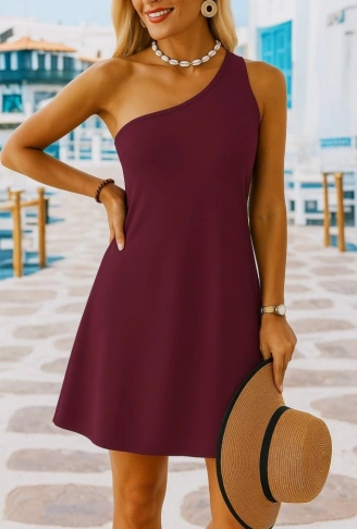 Kadın Tek Omuz Askılı Krep Mini Elbise