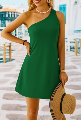 Kadın Tek Omuz Askılı Krep Mini Elbise