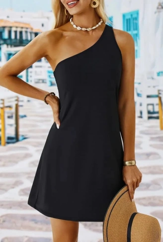 Kadın Tek Omuz Askılı Krep Mini Elbise