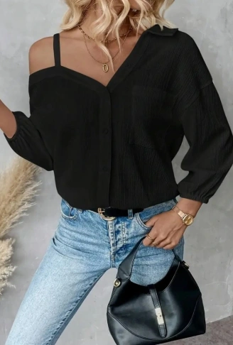 Kadın Tek Omuzdan Açık Askılı Uzun Kollu Yakalı önden Düğmeli Gömlek