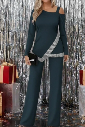 Kadın Tek Omuzdan Açık Uzun Kollu önü Pulpayet Ithal Krep Bluz Ve Pantolon