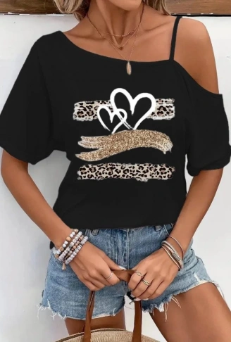 Kadın Tek Omuzu Açık Ip Askılı Baskılı Viskon Bluz