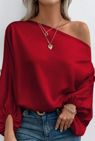 Kadın Tek Omuzu Açık Uzun Kollu Salaş Sandy Bluz