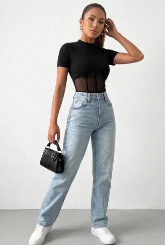 Kadın Transparan Detay Kısa Kol Kaşkorse Bluz