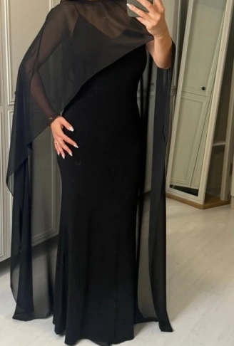 Kadın Transparan Pelerin Detay Askılı Maxi Boy Elbise