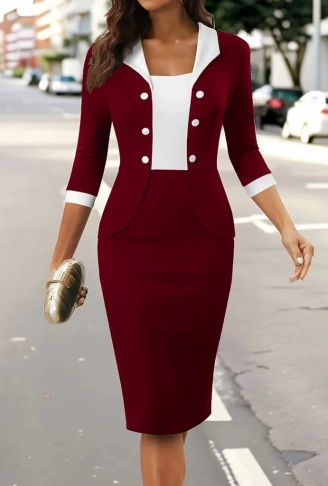 Kadın Truvakar Kol çift Renkli Düğmeli Kısa Ithal Krep Elbise