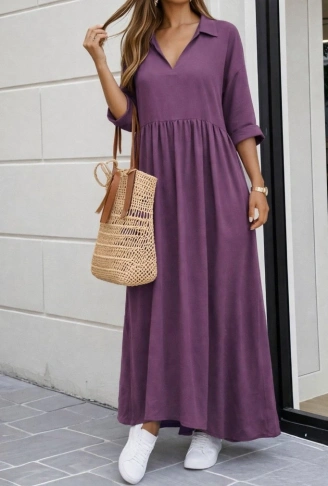 Kadın Truvakar Kollu V Yakalı Yırtmaçlı Uzun Aerobin Elbise