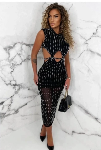 Kadın Tül Transparan Taş Detay Elbise