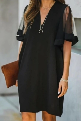 Kadın Tüllü Kısa Kollu V Yaka Krep Elbise