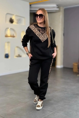 Kadın üç Iplik Kumaş Leopar Desenli Dantel Detaylı Ikili Takım