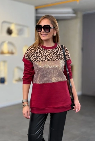 Kadın üç Iplik şardonlu Kumaş Leopar Desenli Bluz