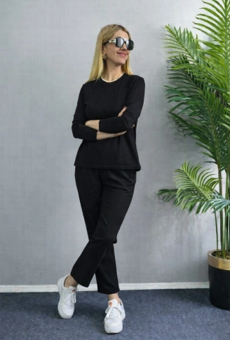 Kadın Uzun Kol Bisiklet Yaka Bürümcük Bluz Ve Pantolon Ikili Takım