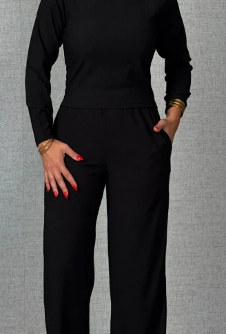 Kadın Uzun Kol Bisiklet Yaka Bürümcük Bluz Ve Pantolon Ikili Takım