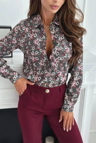 Kadın Uzun Kol Cep Detay çiçek Baskılı Mosskrep Kumaş Gömlek