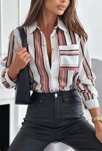 Kadın Uzun Kol Cep Detay Dijital Baskılı Mosskrep Kumaş Gömlek