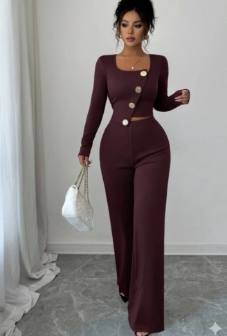 Kadın Uzun Kol Kare Yaka Asimetrik Düğme Detay Bluz Ve Yüksek Bel Pantolon Ikili Takım