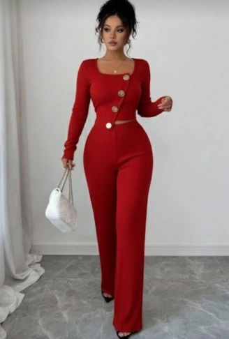 Kadın Uzun Kol Kare Yaka Asimetrik Düğme Detay Bluz Ve Yüksek Bel Pantolon Ikili Takım