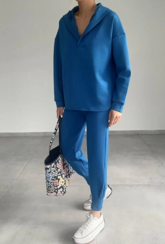 Kadın Uzun Kol V Yaka Kapüşon Detay Sweat Ve Yüksel Bel Eşofman Ikili Takım