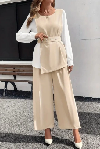 Kadın Uzun Kollu Açık Yakalı çift Renkli Kemerli Ithal Krep Ikili Takım