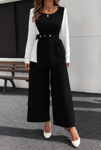 Kadın Uzun Kollu Açık Yakalı çift Renkli Kemerli Ithal Krep Ikili Takım