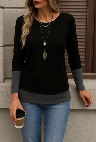 Kadın Uzun Kollu Açık Yuvarlak Yaka Blok Renkli Viskon Bluz
