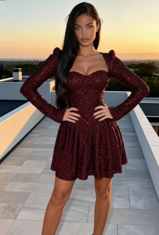 Kadın Uzun Kollu Armut Yaka Pul Payet Işlemeli Mini Gece Elbisesi