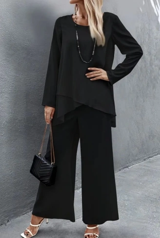Kadın Uzun Kollu Asimetrik Detaylı Salaş Sandy Bluz Ve Pantolon Ikili Takım