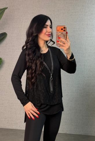 Kadın Uzun Kollu Asimetrik Kesim Bluz Ve Dantel Güpür Transparan Detay Fermuarlı Yelek Ikili Takım