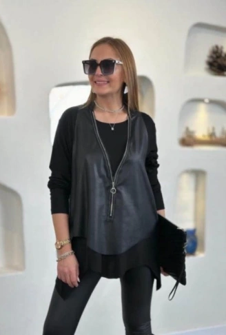 Kadın Uzun Kollu Asimetrik Kesim Viskon Bluz Ve çatlak Deri Görünümlü Yelek Ikili Takım