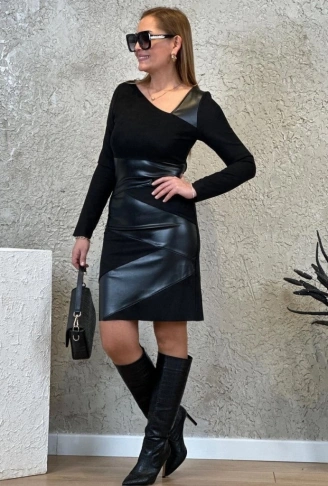 Kadın Uzun Kollu Asimetrik Yaka Süet Ve Deri Mini Boy Elbise