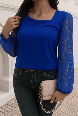 Kadın Uzun Kollu Asimetrik Yakalı Dantelli Ithal Krep Bluz