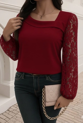 Kadın Uzun Kollu Asimetrik Yakalı Dantelli Ithal Krep Bluz