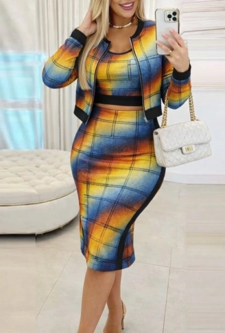 Kadın Uzun Kollu Askılı Yuvarlak Yaka Desenli Dalgıç Bluz Ceket Ve Etek üçlü Takım