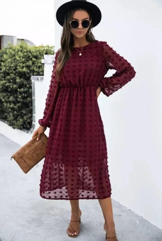 Kadın Uzun Kollu Astar Detay Fırsat ürün Ponpon şifon Elbise