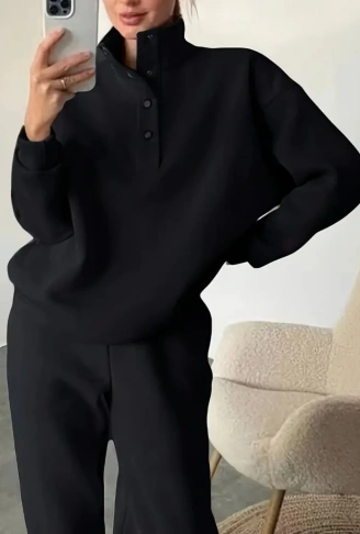 Kadın Uzun Kollu Balıkçı Dik Yakalı Düğmeli üç Iplik Bluz Ve Pantolon Ikili Takım
