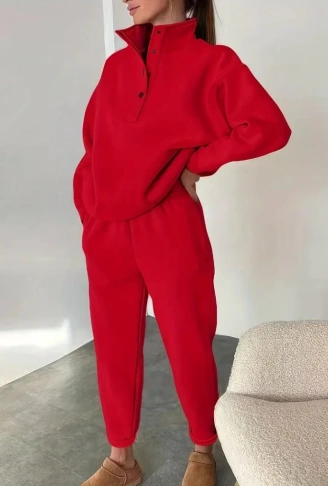 Kadın Uzun Kollu Balıkçı Dik Yakalı Düğmeli üç Iplik Bluz Ve Pantolon Ikili Takım