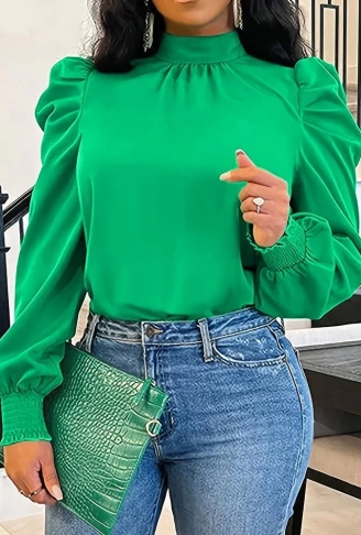 Kadın Uzun Kollu Balıkçı Yaka Arkadan Bağlamalı Omuzlardan Balon Ithal Krep Bluz