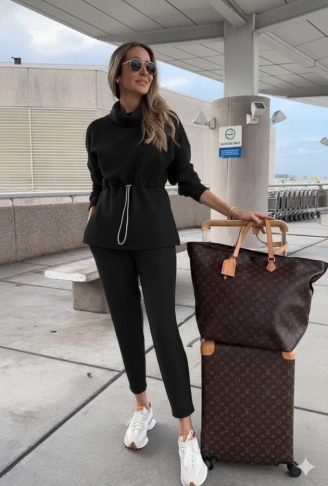 Kadın Uzun Kollu Balıkçı Yaka Belden Lastikli Modal Bluz Ve Pantolon Ikili Takım