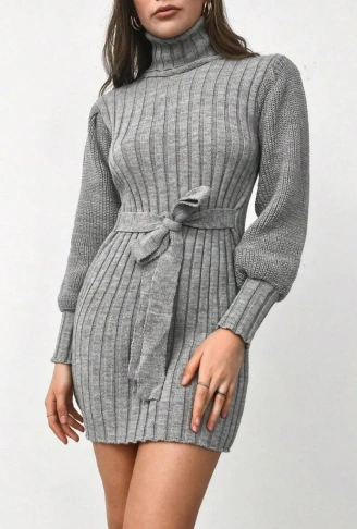 Kadın Uzun Kollu Balıkçı Yaka Beli Kuşaklı Mini Triko Elbise