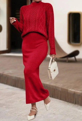 Kadın Uzun Kollu Balıkçı Yaka Bluz Ve Etek Ikili Triko Takım