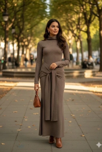 Kadın Uzun Kollubalıkçı Yaka Bürümcük Kumaş Kuşak Dahilkalem Elbise