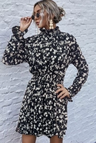 Kadın Uzun Kollu Balıkçı Yaka çiçek Baskılı Helen Kumaş Elbise
