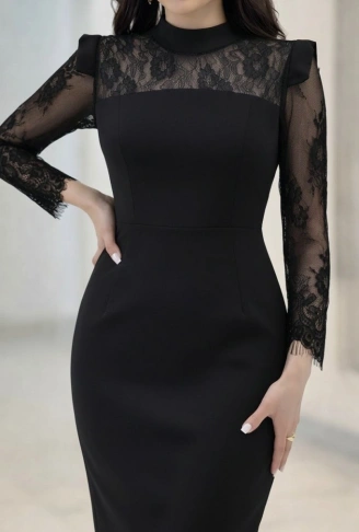 Kadın Uzun Kollu Balıkçı Yaka Dantel Detaylı Midi Ithal Krep Elbise