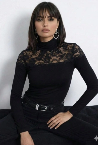 Kadın Uzun Kollu Balıkçı Yaka Dantelli Kaşkorse Bluz