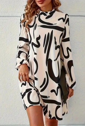 Kadın Uzun Kollu Balıkçı Yaka Desenli şardonlu Dalgıç Elbise