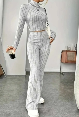 Kadın Uzun Kollu Balıkçı Yaka Krop Ve Pantolon şardonlu Kaşkorse Ikili Takım