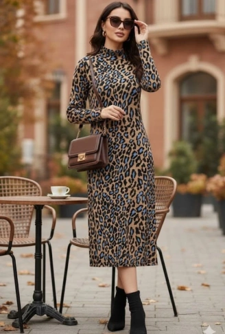 Kadın Uzun Kollu Balıkçı Yaka Leopar Desenli Midi Boy Elbise