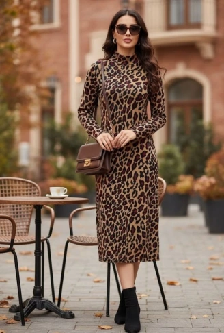Kadın Uzun Kollu Balıkçı Yaka Leopar Desenli Midi Boy Elbise