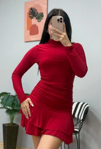 Kadın Uzun Kollu Balıkçı Yaka Mini Fırfırlı Sandy Elbise