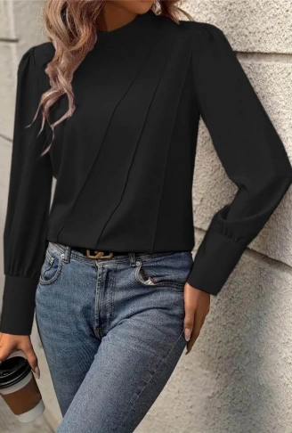 Kadın Uzun Kollu Balıkçı Yaka önden Dikişli Dokuma Bluz